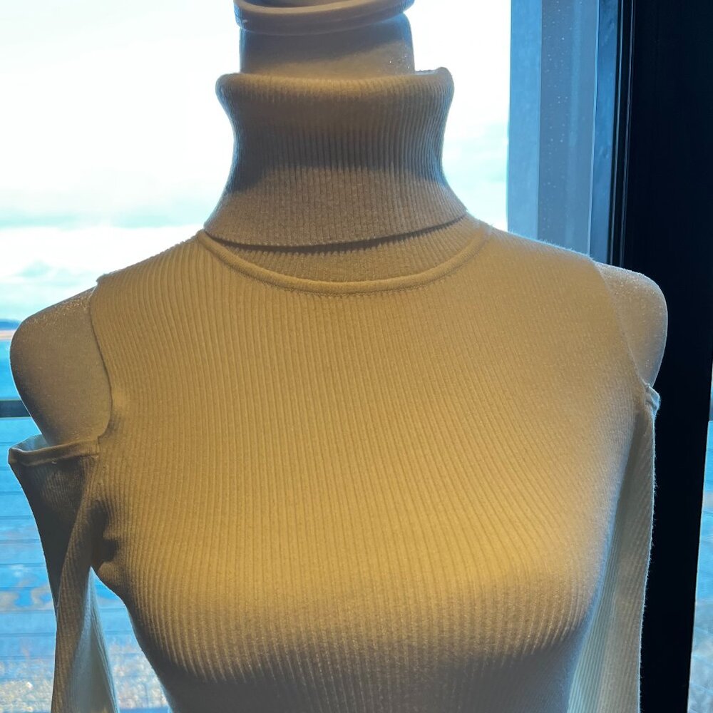 ALC "mervyn" Cold-Shoulder cropped ribbed off white turtleneck (S)
